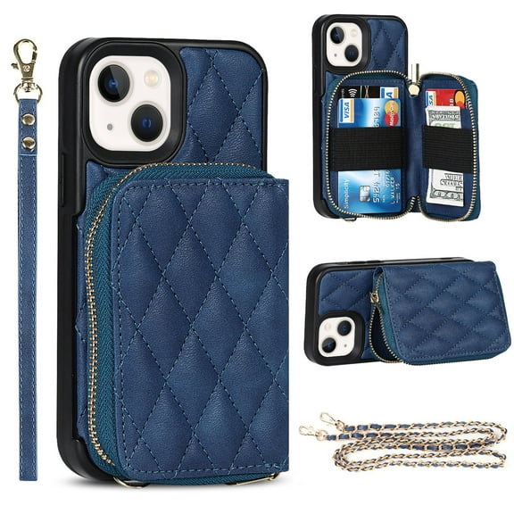 Allytech Crossbody Wallet Case for iPhone 13, Quilted PU Leather Zipper Handbag Purse Flip Kickstand Folio Card Slots Holder Wrist Strap Lanyard Cover for iPhone 13 6.1", Blue