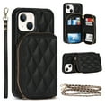thumbnail image 1 of Allytech Crossbody Wallet Case for iPhone 13, Quilted PU Leather Zipper Handbag Purse Flip Kickstand Folio Card Slots Holder Wrist Strap Lanyard Cover for iPhone 13 6.1", Black, 1 of 6