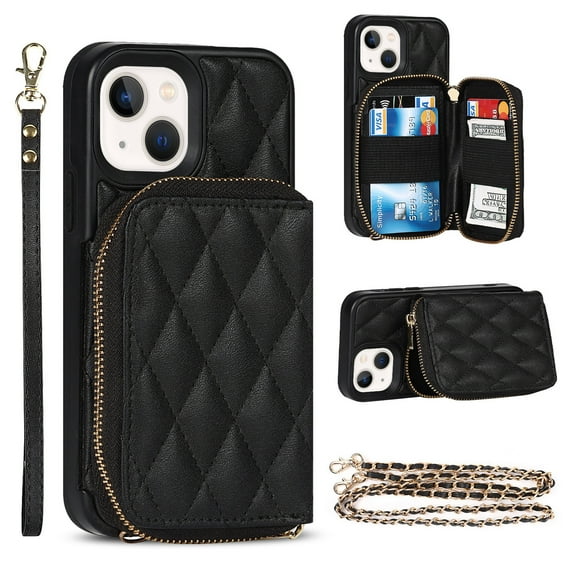 Allytech Crossbody Wallet Case for iPhone 13, Quilted PU Leather Zipper Handbag Purse Flip Kickstand Folio Card Slots Holder Wrist Strap Lanyard Cover for iPhone 13 6.1", Black
