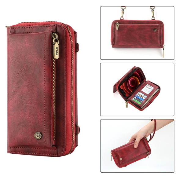 Allytech Crossbody Wallet Case for iPhone 14 Pro Max 6.7" 2022 with Wrist Strap Lanyard/Shoulder Strap/Card Slot/ Metal Zipper Bag/Cash Pocket Handbag Purse PU Leather Hybrid Protection Cover, Red