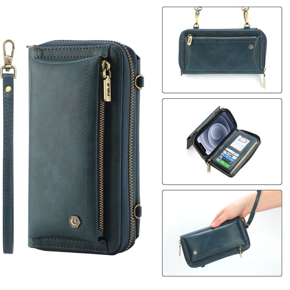 Allytech Crossbody Wallet Case for iPhone 14 Pro Max 6.7" 2022 with Wrist Strap Lanyard/Shoulder Strap/Card Slot/ Metal Zipper Bag/Cash Pocket Handbag Purse PU Leather Hybrid Protection Cover, Blue