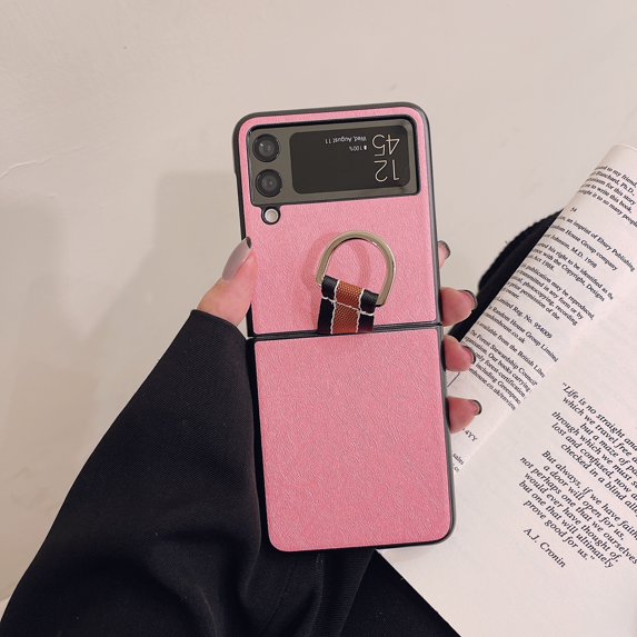 Allytech Designed for Samsung Galaxy Z Flip 3 2021 Case with Ring, Slim Thin Lychee Pattern PU Leather Shockproof Non-Slip Grip Protective Case for Samsung Z Flip 3 5G 2021, Pink