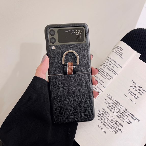 Allytech Designed for Samsung Galaxy Z Flip 3 2021 Case with Ring, Slim Thin Lychee Pattern PU Leather Shockproof Non-Slip Grip Protective Case for Samsung Z Flip 3 5G 2021, Black