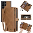 thumbnail image 1 of Allytech Detachable Magnetic Wallet Case for Samsung Galaxy S23 Ultra with Wrist Strap, Large Capacity Luxury PU Leather Card Slots Zipper Cash Pocket Shockproof Protective Wallet Case - Brown, 1 of 7