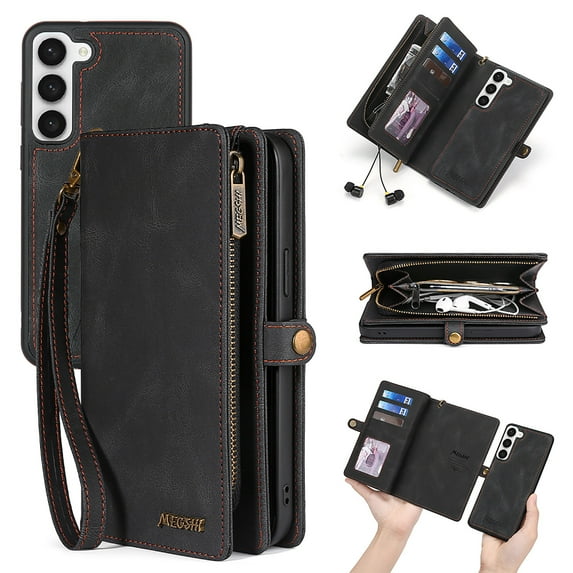 Allytech Detachable Magnetic Wallet Case for Samsung Galaxy S24 with Wrist Strap, Large Capacity Luxury PU Leather Card Slots Zipper Cash Pocket Shockproof Protective Wallet Case - Black