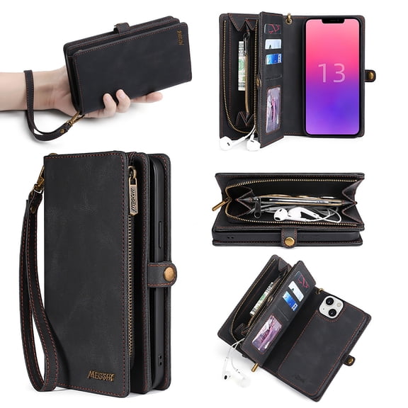 Allytech Detachable Magnetic Wallet Case for iPhone 13 with Wrist Strap, Large Capacity Luxury PU Leather Card Slots Zipper Cash Pocket Shockproof Protective Wallet Case - Black