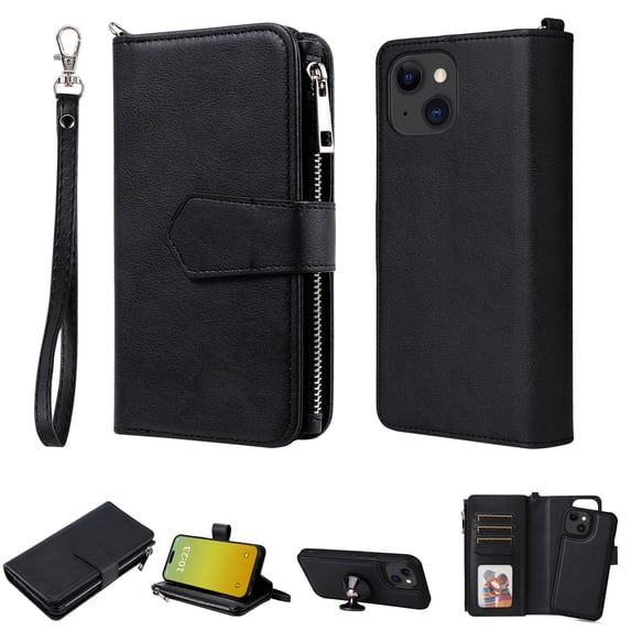 Allytech Detachable Wallet Case for Apple iPhone 15 Plus, Vintage PU Leather Folio Flip Wallet Case Multiple Cards Slots Kickstand Shockproof Protective Phone Case for iPhone 15 Plus - Black