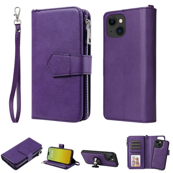 Allytech Detachable Wallet Case for Apple iPhone 15 Plus, Vintage PU Leather Folio Flip Wallet Case Multiple Cards Slots Kickstand Shockproof Protective Phone Case for iPhone 15 Plus - Purple