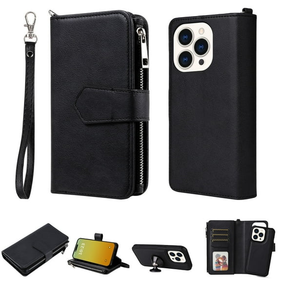 Allytech Detachable Wallet Case for Apple iPhone 15 Pro Max, Vintage PU Leather Folio Flip Wallet Case Multiple Cards Slots Kickstand Shockproof Protective Phone Case for iPhone 15 Pro Max - Black