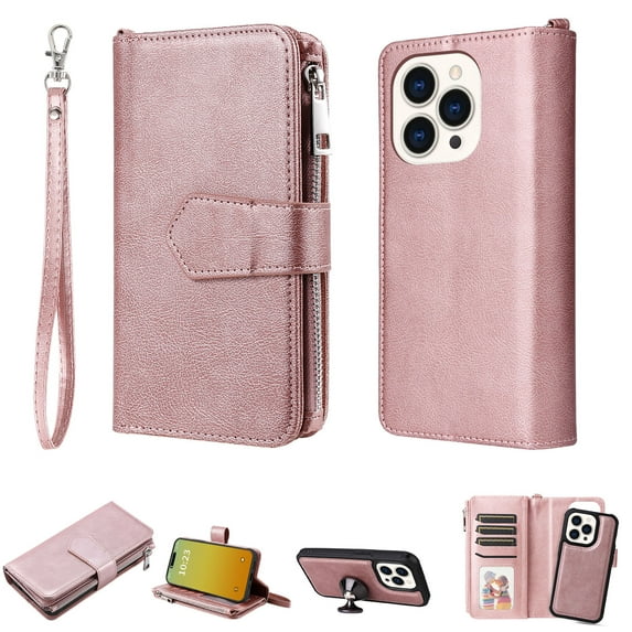 Allytech Detachable Wallet Case for Apple iPhone 15 Pro, Vintage PU Leather Folio Flip Wallet Case Multiple Cards Slots Kickstand Shockproof Protective Phone Case for iPhone 15 Pro - Rosegold