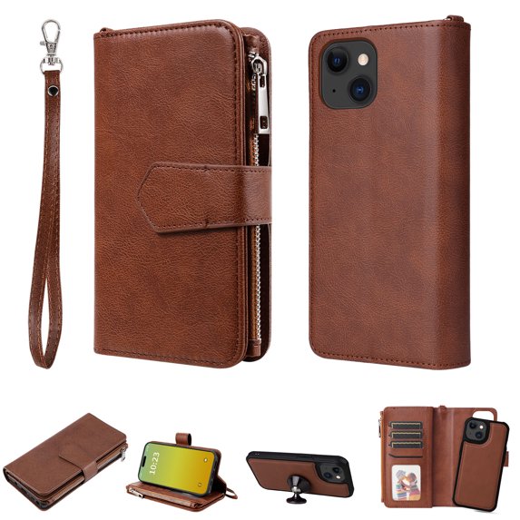 Allytech Detachable Wallet Case for Apple iPhone 15, Vintage PU Leather Folio Flip Wallet Case Multiple Cards Slots Kickstand Shockproof Protective Phone Case for iPhone 15 - Brown