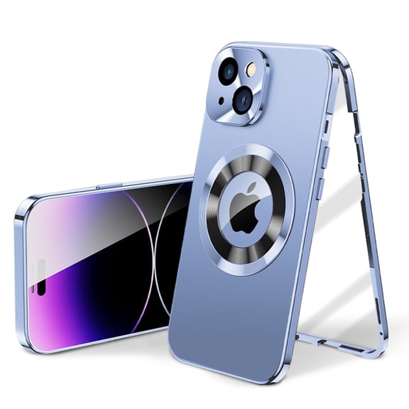 Allytech Double Sided Protection Case for iPhone 14, Buckle Metal Frame Glass Screen Protector Full Camera Protection [Anti-Drop] [Anti-Fingerprint] Case for iPhone 14, Blue