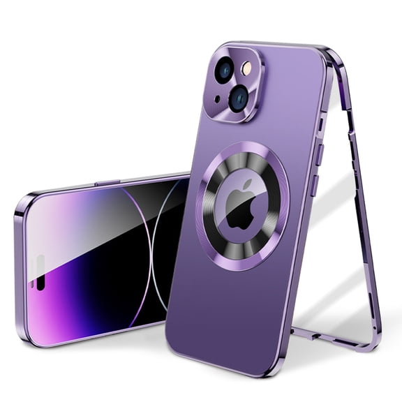 Allytech Double Sided Protection Case for iPhone 14, Buckle Metal Frame Glass Screen Protector Full Camera Protection [Anti-Drop] [Anti-Fingerprint] Case for iPhone 14, Purple