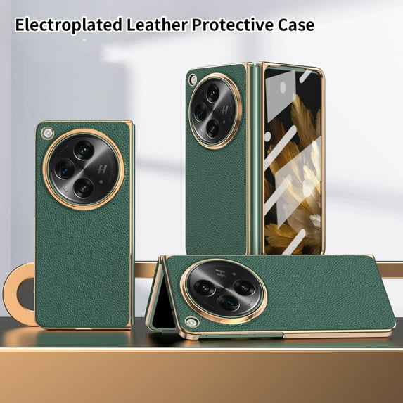 Allytech Electroplated Stand Protective Case for OnePlus Open with Built-in Front Screen Protector, PU Leather Plating PC Anti-Scratch Slim Elegant Case Cover for OnePlus Open 5G 7.8", Green