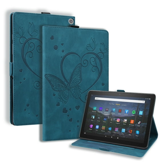 Allytech Embossed Butterfly Case for Fire HD 10 11th Gen 2021, Cover for Fire HD 10 Plus 2021 Version, Synthetic Leather Corner Protection Kickstand Auto Wake Sleep Case for Fire HD 10.1" 2021, Blue