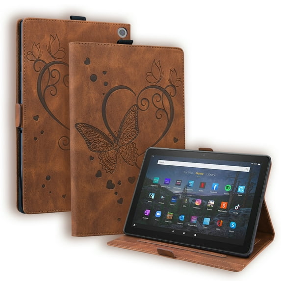 Allytech Embossed Butterfly Case for Fire HD 10 11th Gen 2021, Cover for Fire HD 10 Plus 2021 Version, Synthetic Leather Corner Protection Kickstand Auto Wake Sleep Case for Fire HD 10.1" 2021, Brown