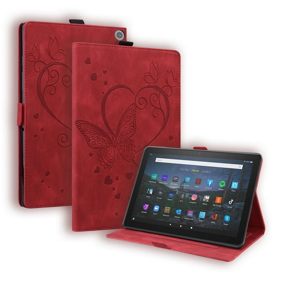 Allytech Embossed Butterfly Case for Fire HD 10 11th Gen 2021, Cover for Fire HD 10 Plus 2021 Version, Synthetic Leather Corner Protection Kickstand Auto Wake Sleep Case for Fire HD 10.1" 2021, Red