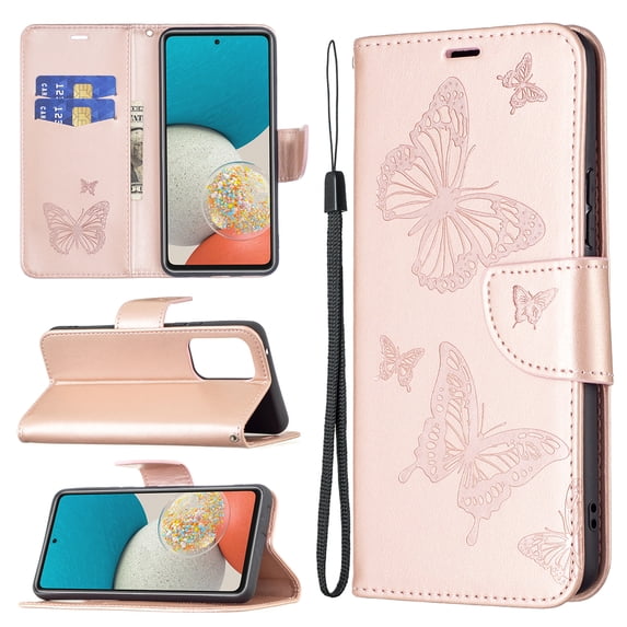 Allytech Embossed Butterfly Case for Samsung Galaxy A53 5G, PU Leather Card Slots Flip Stand Magnetic Closure Wrist Strap Lanyard Protective Cover for Galaxy A53 5G, Pink