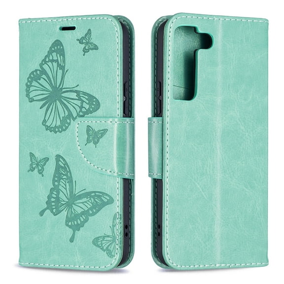 Allytech Embossed Butterfly Case for Samsung Galaxy S21 FE 5G [2022 Released], PU Leather Card Slots Flip Stand Magnetic Closure Wrist Strap Lanyard Protective Cover for Galaxy S21 FE 5G 6.4", Green