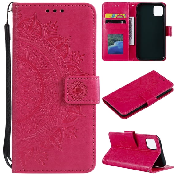 Allytech Embossed Mandala PU Leather Case for iPhone 13 Pro Max 2021(6.7"), Slim Soft TPU Bumper Anti-Scratch Flip Kickstand Detachable Lanyard Wallet Protective Case for iPhone 13 Pro Max, Red