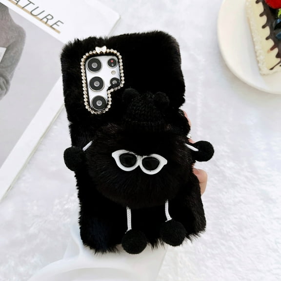 Allytech Faux Furry Case Cover for Samsung Galaxy S23, Girly Fuzzy Faux Fur Protective Anti-Scratch Cute Cover Case for Girls Women - Black