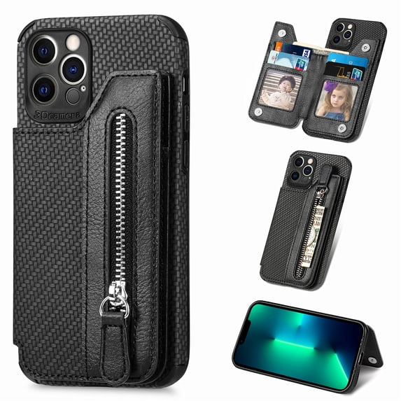 Allytech Fiber Pattern Zipper Wallet Phone Case for iPhone 13 with Card Slots Kickstand Magnetic Closure Durable Shockproof Cover For iPhone 13,Black