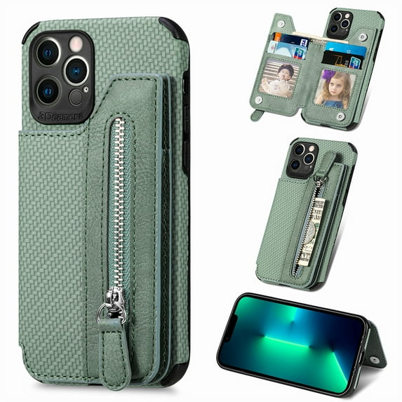 Allytech Fiber Pattern Zipper Wallet Phone Case for iPhone 13 Pro Max with Card Slots Kickstand Magnetic Closure Durable Shockproof Cover For iPhone 13 Pro Max,Green