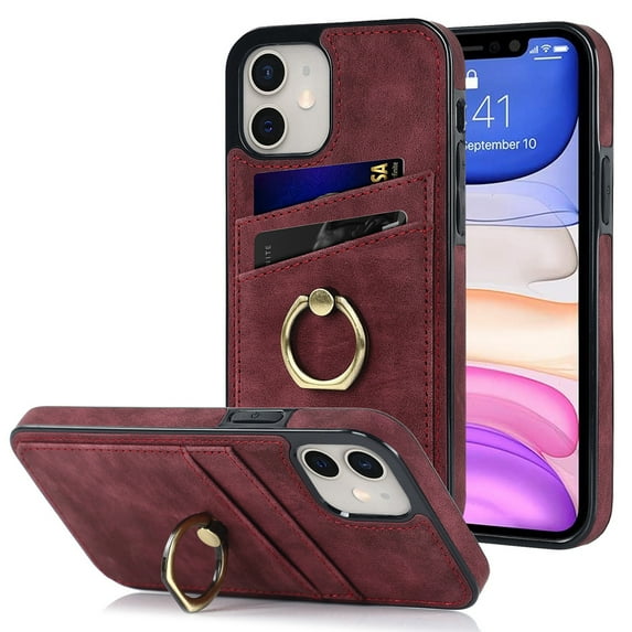 Allytech Finger Ring Wallet Case for iPhone 11 with Card Slots, PU Leather Minimalist Ring Stand Case Slim Protective Cover for Apple iPhone 11,Winered