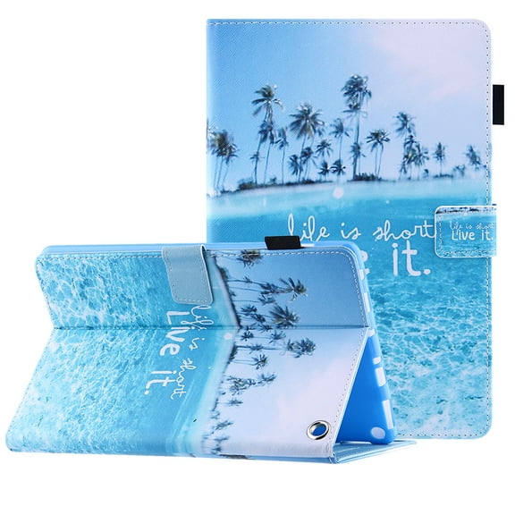Allytech Fire 7 Case 12th Gen 2022 Released - PU Leather Cute Pattern Folio Flip Smart Cover Multi Angle Stand Shockproof Drop Protective Case Cover for Amazon Fire 7 2022 12th Gen - Beach