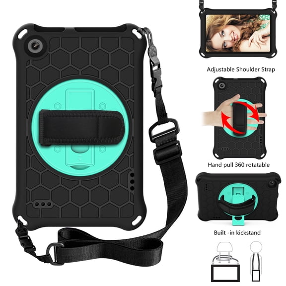 Allytech Fire 7 Case 2019 9th Generation, Fire 7 Case for Kids, Rugged Protection Kickstand Shockproof Shoulder Strap Kids Friendly EVA Silicone Cover for Amazon Fire 9 2019/2017/2105, Black/Aqua
