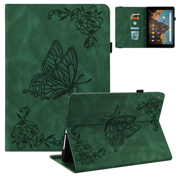 Allytech Fire HD 10 2021 /Fire HD 10 Plus Case 11th Generation 2021 Released, Slim Fit Auto Sleep Wake Butterfly Embossed Kickstand Shockproof Cover for Amazon Kindle Fire HD 10 2021,Green