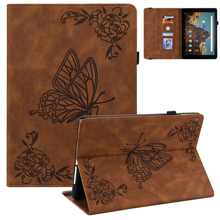 Allytech Fire HD 10 2021 /Fire HD 10 Plus Case 11th Generation 2021 Released, Slim Fit Auto Sleep Wake Butterfly Embossed Kickstand Shockproof Cover for Amazon Kindle Fire HD 10 2021,Brown