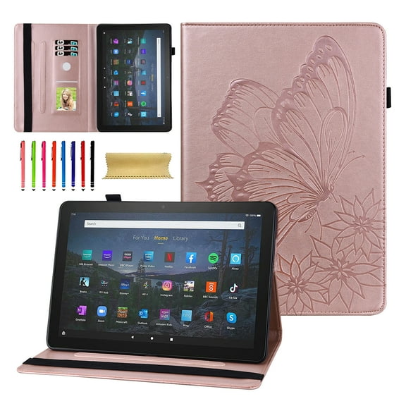Allytech Fire Max 11 2023 Case, Slim Fit PU Leather Butterfly Embossed Pencil Holder Multi Angle Viewing Stand Protective Shockproof Protective Case for Amazon Kindle Fire Max 11 13th Gen - Rosegold