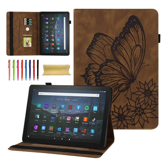Allytech Fire Max 11 2023 Case, Slim Fit PU Leather Butterfly Embossed Pencil Holder Multi Angle Viewing Stand Protective Shockproof Protective Case for Amazon Kindle Fire Max 11 13th Gen - Brown