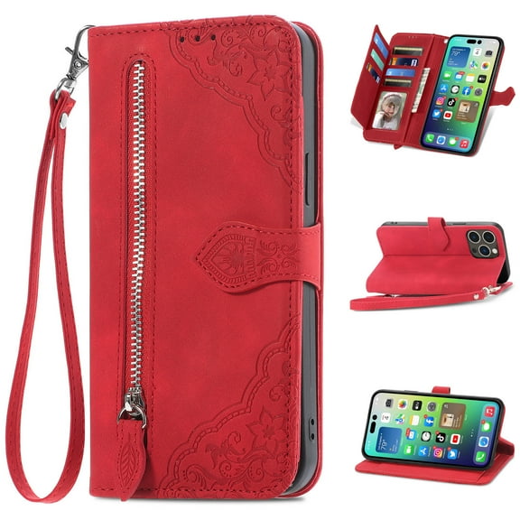 Allytech Fit for Apple iPhone 14 Pro Wallet Case with Wrist Strap,Zipper Pocket Premium PU Leather Magnetic Flip Kickstand Multi Credit Card Slots Purse Shockproof Phone Cover,Red
