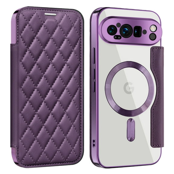 Allytech Flip Case for Google Pixel 10, [Compatible with Magsafe] PU Leather Clear Back Cover RFID Blocking Cards Slots Wallet Phone Case for Google Pixel 10, Purple