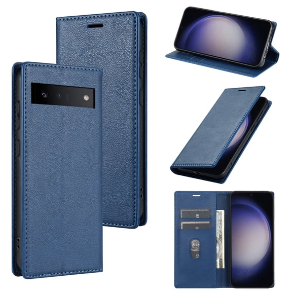 Allytech Flip Case for Google Pixel 6A, Premium PU Leather Business Vintage Wallet Case with Cards Holder Stand Shockproof Slim Case for Google Pixel 6A - Blue