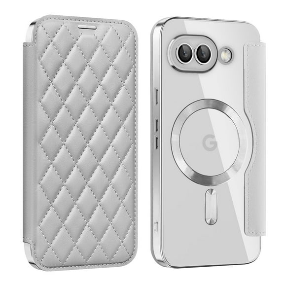 Allytech Flip Case for Google Pixel 9A, [Compatible with Magsafe] PU Leather Clear Back Cover RFID Blocking Cards Slots Wallet Phone Case for Google Pixel 9A, Gray