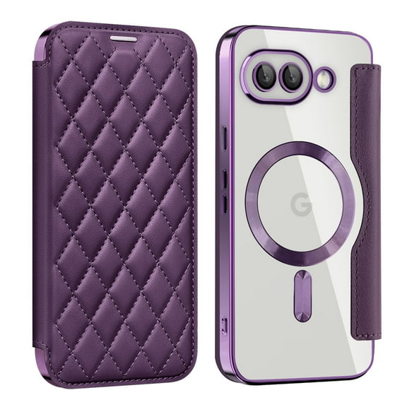 Allytech Flip Case for Google Pixel 9A, [Compatible with Magsafe] PU Leather Clear Back Cover RFID Blocking Cards Slots Wallet Phone Case for Google Pixel 9A, Purple