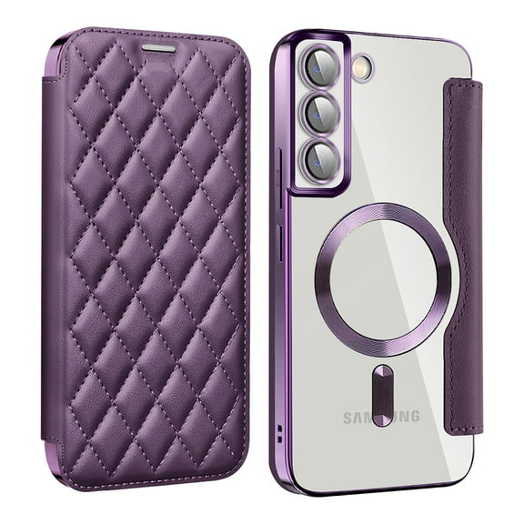 Allytech Flip Case for Samsung Galaxy S23 FE, [Compatible with Magsafe] PU Leather Clear Back Cover RFID Blocking Cards Slots Wallet Phone Case for Galaxy S23 FE, Purple