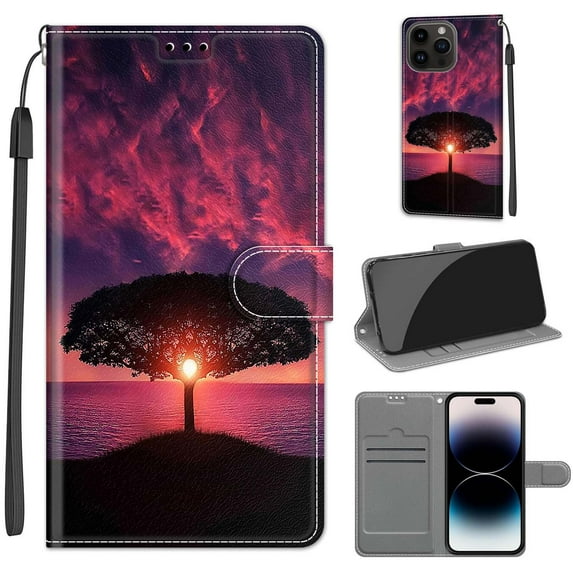 Allytech Flip Case for iPhone 15 Pro Max, Chic Pattern PU Leather Cards Slots Slim Fit Shell Hand Wrist Strap Magnetic Closure Wallet Case Cover for Apple iPhone 15 Pro Max - Black Tree + Sunset