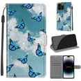 thumbnail image 1 of Allytech Flip Case for iPhone 15 Pro Max, Chic Pattern PU Leather Cards Slots Slim Fit Shell Hand Wrist Strap Magnetic Closure Wallet Case Cover for Apple iPhone 15 Pro Max - Blue Butterfly, 1 of 12