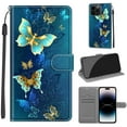 thumbnail image 1 of Allytech Flip Case for iPhone 15 Pro Max, Chic Pattern PU Leather Cards Slots Slim Fit Shell Hand Wrist Strap Magnetic Closure Wallet Case Cover for Apple iPhone 15 Pro Max - Green Butterflies, 1 of 12