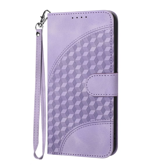 Allytech Flip Cover 3D Geometric Lattice Stand Hand Wrist Folio Credit Card Slots Wallet Case Soft Shell Cell Phone Case for Samsung Galaxy A32 4G, Purple