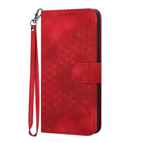 Allytech Flip Cover 3D Geometric Lattice Stand Hand Wrist Folio Credit Card Slots Wallet Case Soft Shell Cell Phone Case for Samsung Galaxy A05S, Red