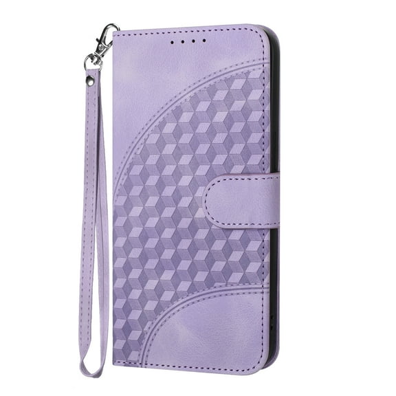 Allytech Flip Cover 3D Geometric Lattice Stand Hand Wrist Folio Credit Card Slots Wallet Case Soft Shell Cell Phone Case for Samsung Galaxy A24 4G, Purple