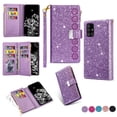 thumbnail image 1 of Allytech Flip Cover for Samsung Galaxy A51 5G, PU Leather Glitter Bling Design Kickstand Shockproof Multiple Cards Slots Zipper Pocket Wallet Case Cover for Girls Women, Purple, 1 of 1