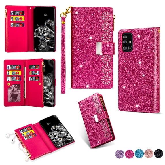 Allytech Flip Cover for Samsung Galaxy A51 5G, PU Leather Glitter Bling Design Kickstand Shockproof Multiple Cards Slots Zipper Pocket Wallet Case Cover for Girls Women, Rose