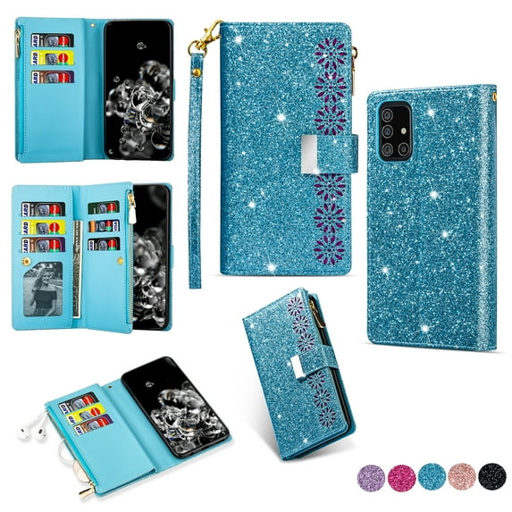 Allytech Flip Cover for Samsung Galaxy A51 5G, PU Leather Glitter Bling Design Kickstand Shockproof Multiple Cards Slots Zipper Pocket Wallet Case Cover for Girls Women, Skyblue
