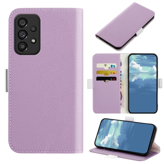 Allytech Flip Holder Wallet Case for Samsung Galaxy A33 5G, Magnetic Stand Folio ID & Credit Card Slots Lychee Texture Leather Protective Cover,Purple